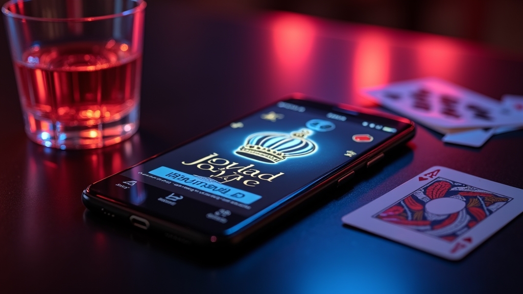 Smartphone Android con schermata di download dell'app Royal Joker in un ambiente da casinò