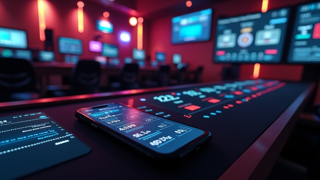 Smartphone con schermata dell'app e indicatori di velocità e stabilità in ambiente da casinò